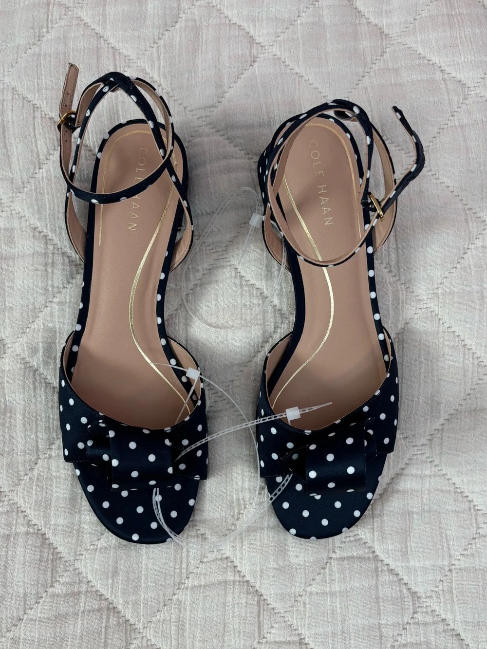 NWOT Cole Hann Fanya Florette Sandal Heels In Navy White Polka Dot Satin Sz 9 -